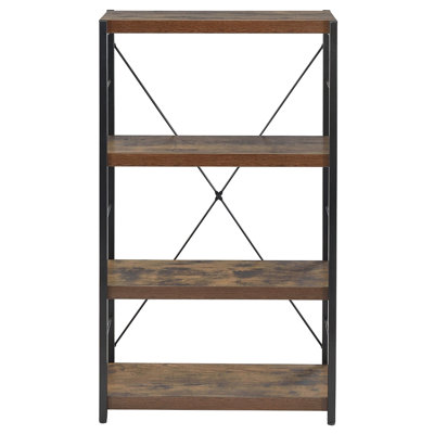Weathered Oak Finish Industrial 3 - Tier 4 Shelf Rectangular Bookshelf With Black Metal Frame For Office Display Item, 24"w X 11"d 43"h, Quick Installation Step Finish, Shelves Office, Setup
