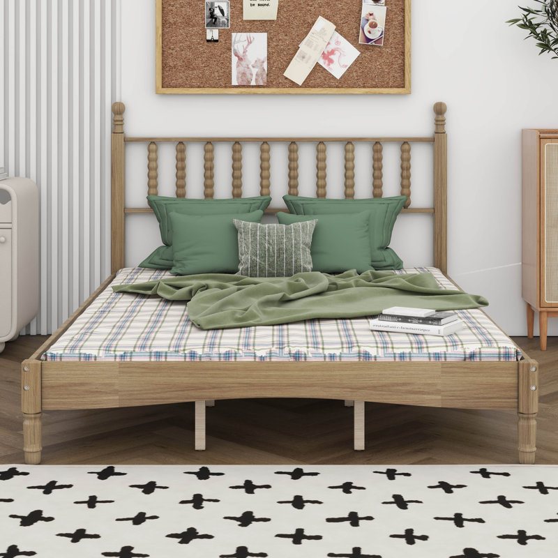 Grand lit plateforme rétro en bois avec tête de lit en forme de gourde, cadre de lit avec support en lattes de bois, pour la chambre à coucher