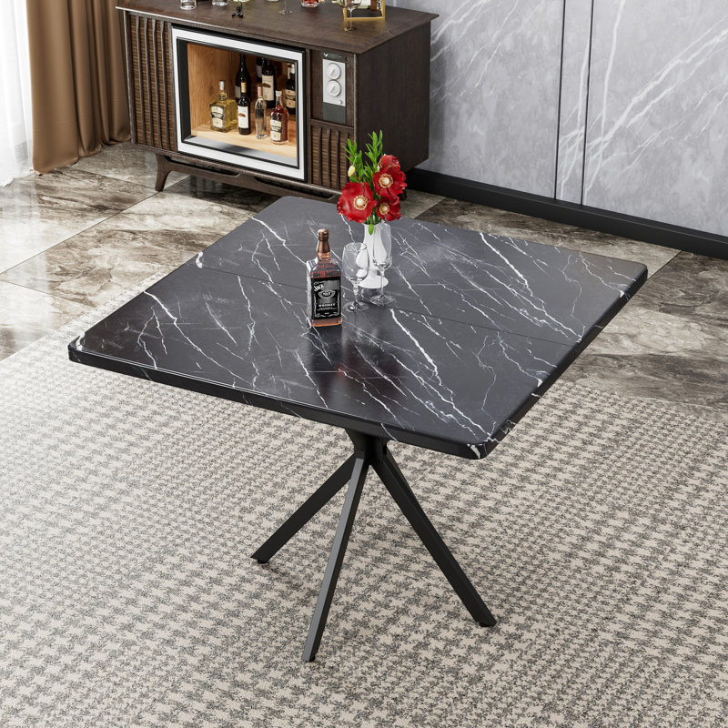 Table de salle à manger 4 carrés - plateau de table en faux marbre, pieds en fer, peu encombrant, facile à assembler et à démonter en marbre Mid-Century moderne pour 4 personnes, propre