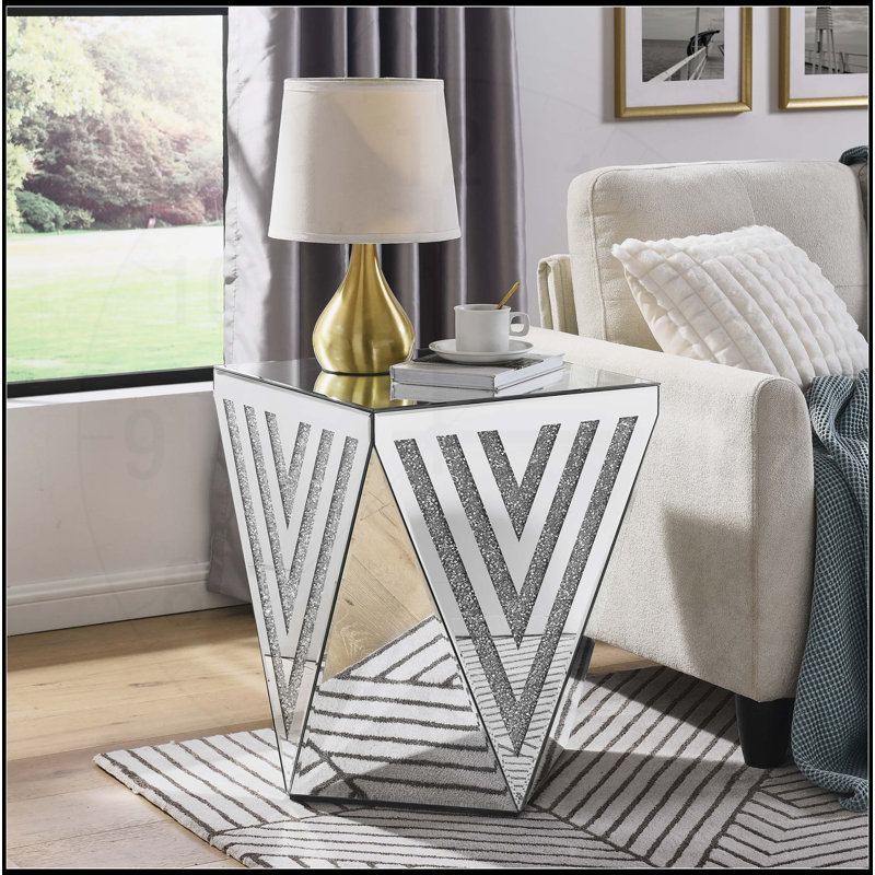 Superbe table à miroir argentée avec incrustation de cristal, polyvalente et élégante pour toute pièce