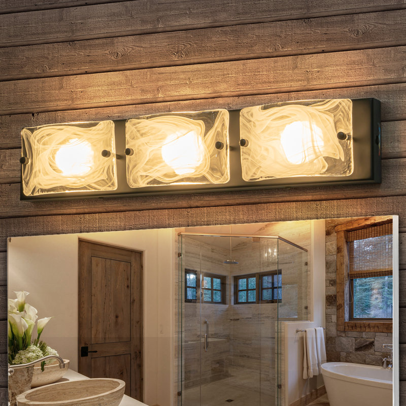 Éclairage à DEL à intensité variable avec abat-jour en verre nuageux, Noir mat, H 4,3 po x l 22,05 po x P 6,3 po, 3 lumières