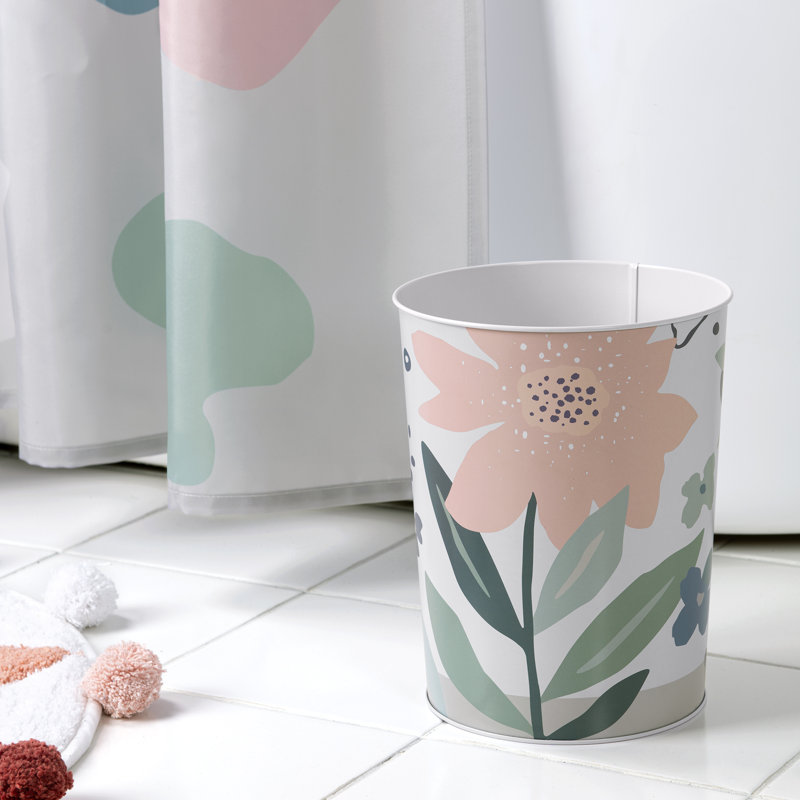 White Floral Metal Wastebasket for Kids' Bathroom