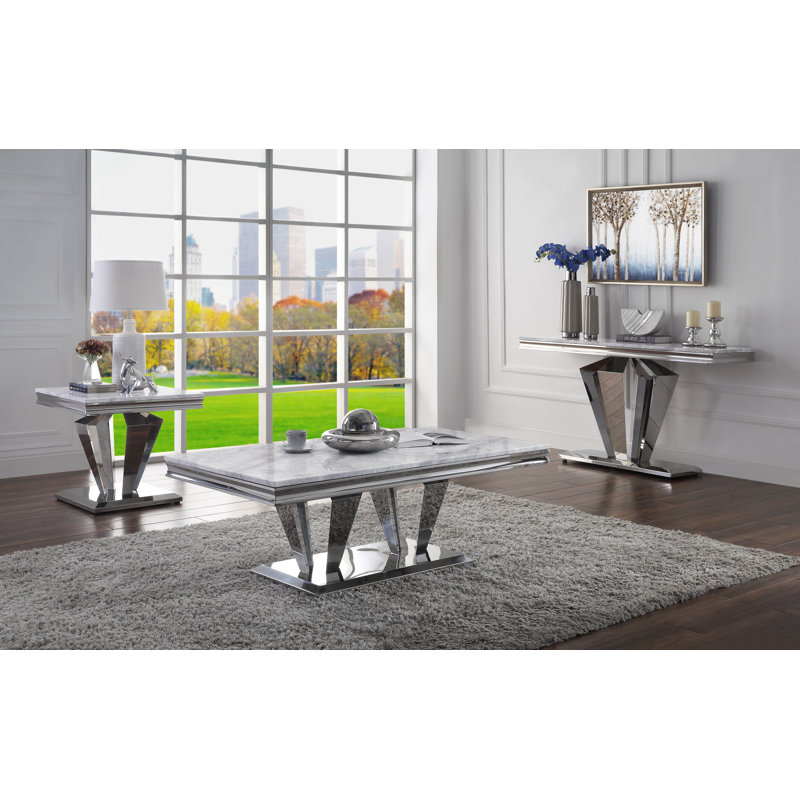 Satinka 24" Light Grey Marble & Stainless Steel End Table