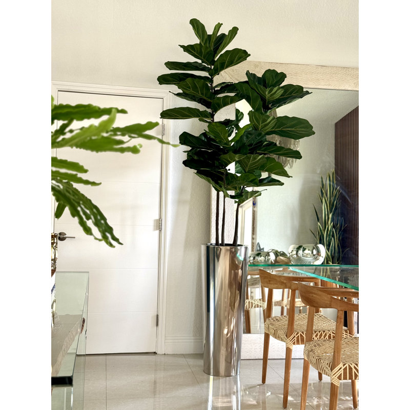 Fiddle Faux Fiddle Leaf Fig Tree in Metal Planter, 96" H x 42" W x 28" D, Silver