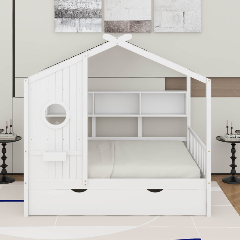 Lit double en bois avec lit gigogne et tablette de rangement, Blanc