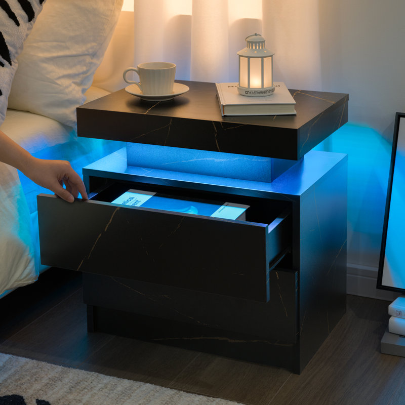 Engineered Wood Nightstand with LED Lights - Modern Small Space Solution, Black Marble