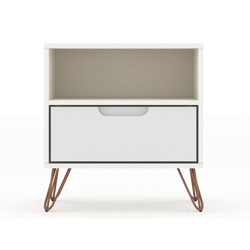 Table de chevet 1 tiroir Mid-Century Rockefeller, Blanc