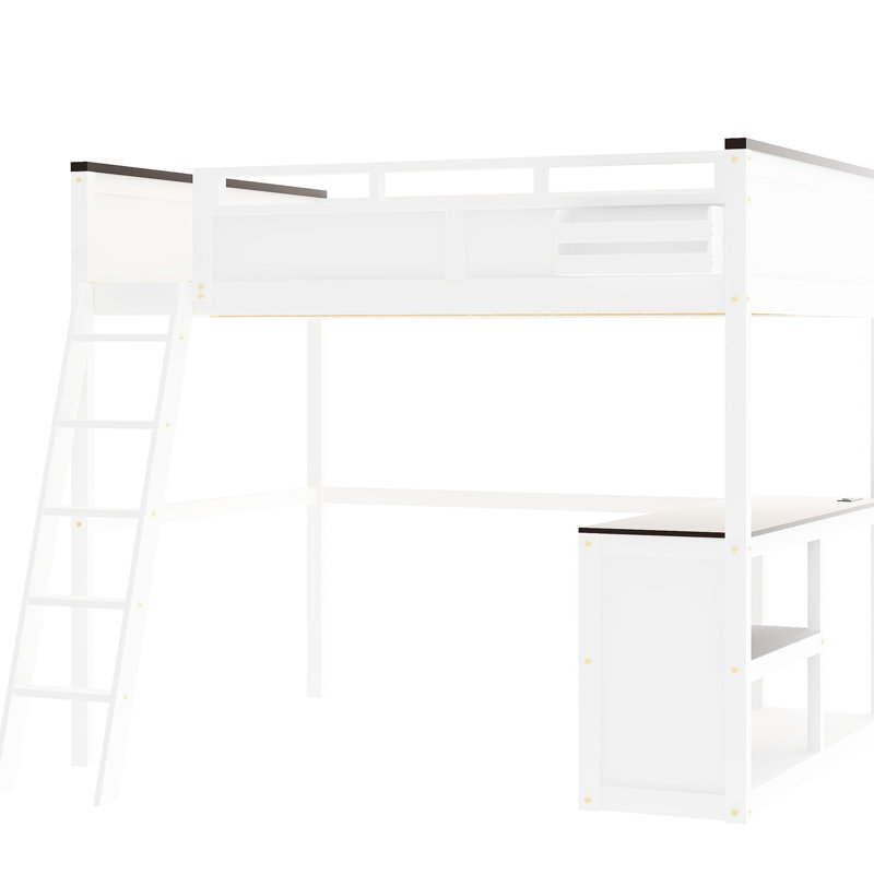 Grand lit mezzanine avec bureau, tablette ouverte et boîte de rangement en bois massif blanc, garde-corps pleine longueur, tablettes pratiques, instructions d'assemblage claires et robustes, mode de vie confortable