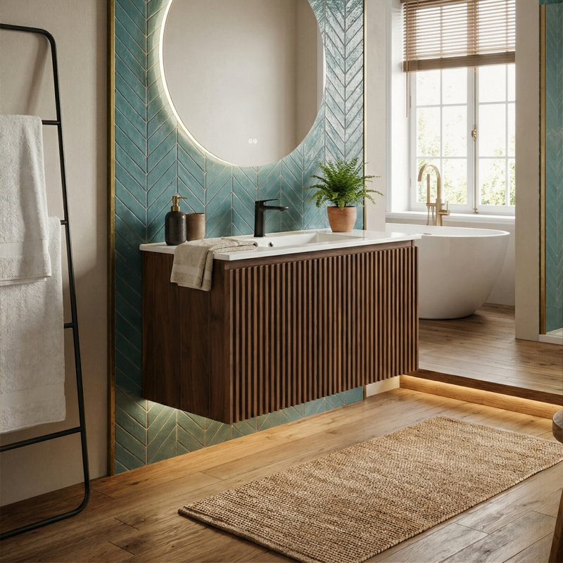 Ensemble de meuble-lavabo flottant moderne 30 po, armoire murale embossée 3D avec plateau en céramique, finition mate écologique (noyer / chêne doré)