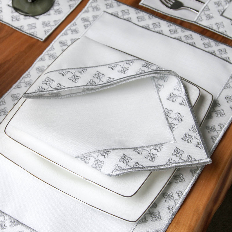 Embroidered White Linen Placemats with Gold Scrollwork – 24pc Elegant Table Mats Set for 6 Person | Islamic Decorative Dining Linens