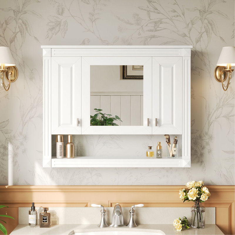 Armoire de salle de bain 35 pouces avec miroir, armoire à pharmacie murale avec tablette ouverte, armoire de rangement avec porte à miroir
