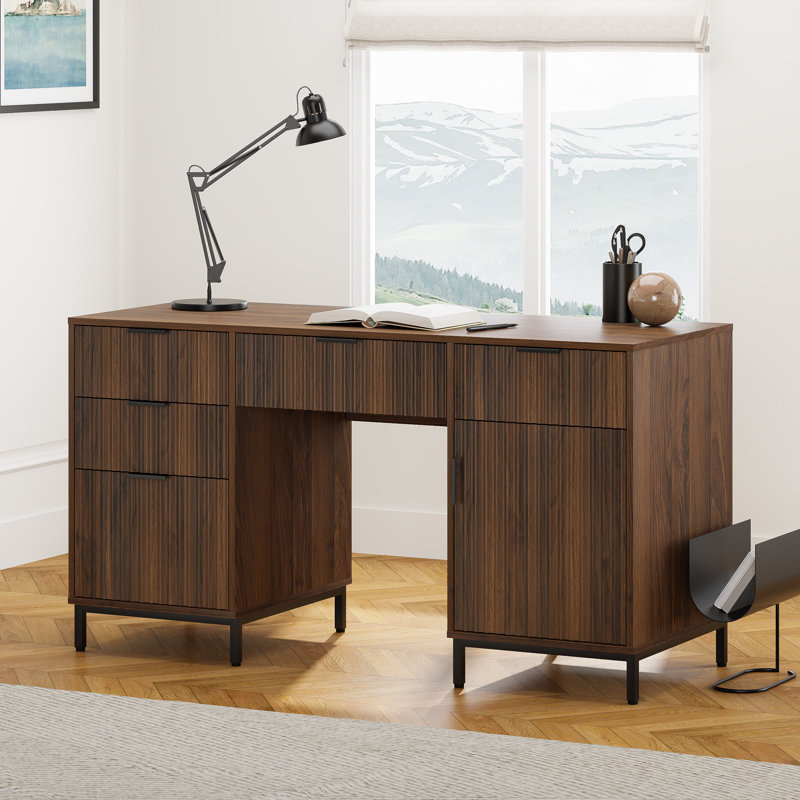 Fluted Executive Desk And File Storage Cabinet With Metal Base, brown
