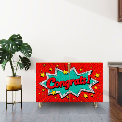 Sideboard Buffet Cabinet with Storage Comic Speech Bubble Congrats with 2 Doors for Living Room and Kitchen