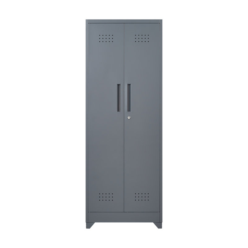 Broom Storage Cabinet With Locking Doors And Shelves, 65" H Metal Storage Cabinet With Hanging Rod & S-Hooks, Cleaning Tool Storage Cabinet