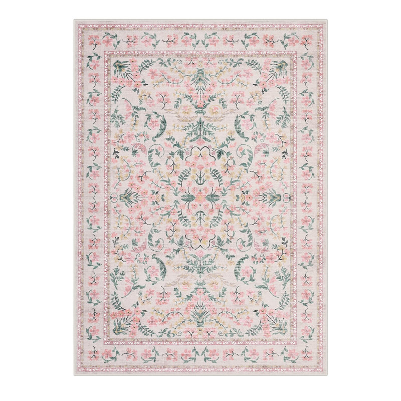 Washable Area Rug, Boho Floral Soft Rugs for Living Room, Non Slip Low Pile Carpet for Bedroom, Dining Room, Nursery, Hallway, Pink