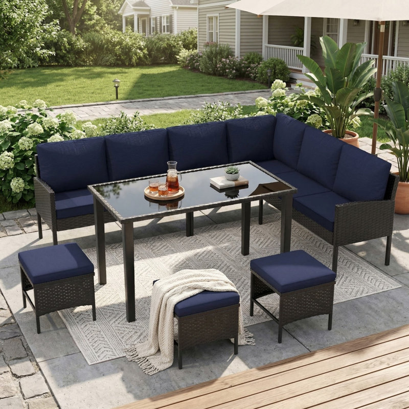 7 Piece Patio Furniture Set, High Curved Back Wicker Patio Sectional, All Weather Outdoor Dining Set, Outdoor Furniture Patio Conversation Set with Ottoman