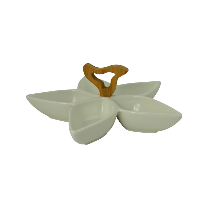 Ceramic Condiment Serving Tray with Bamboo Handle