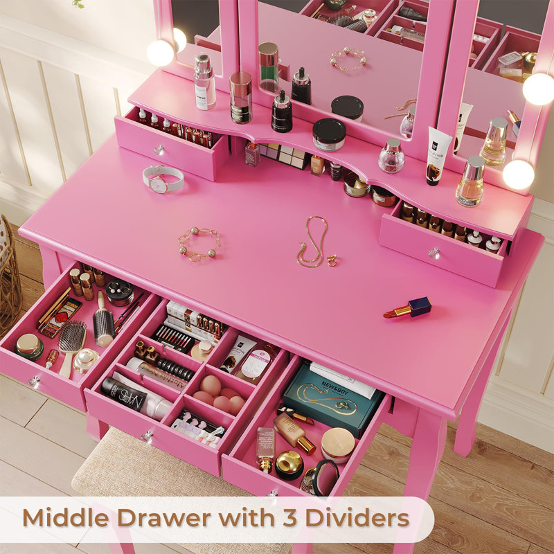 Vanity Desk with Tri-Fold Mirror and Lights, Pink