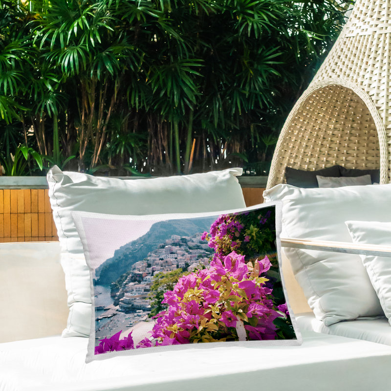 Flowers In Positano Outdoor Printed Pillow design by LSR Creative Studio, Rectangle 14"H x 20"W, Pink Flowers