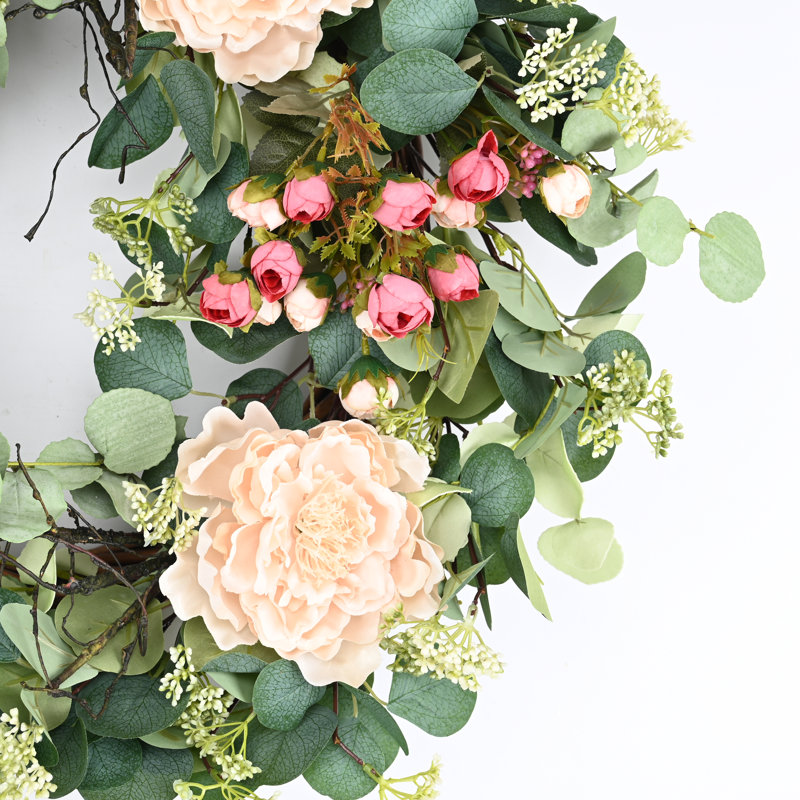 26"  Spring Summer Eucalyptus Berry Floral Wreath, Light Pink