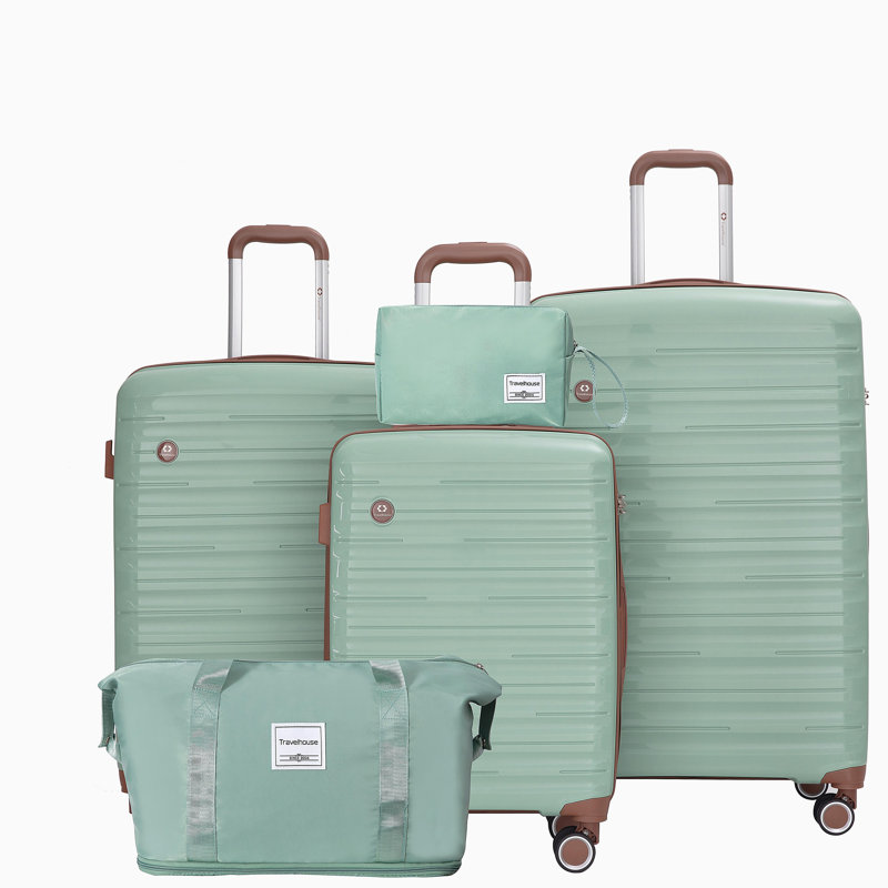 Ensemble de 5 valises, ensemble de valises rigides en PP avec serrure TSA et roulettes durables (20 "24" 28 + un sac de voyage et une trousse de toilette, vert)