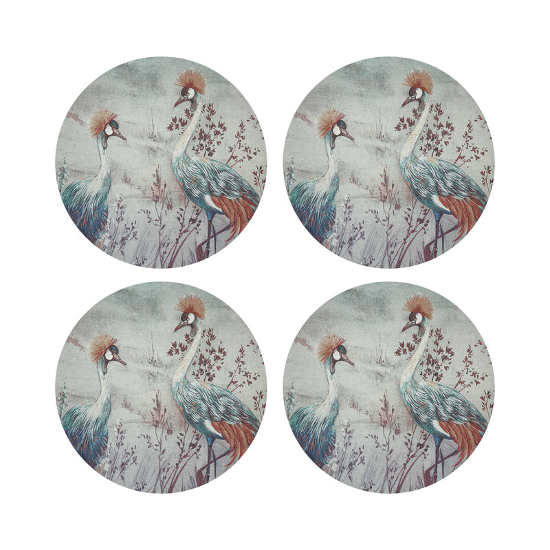 Crested Crane Turquoise Red Vegan Leather Round Coasters, Turquoise Red