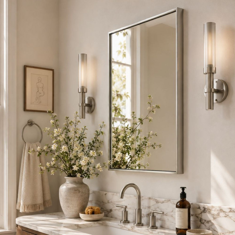 Miroir de salle de bain carré Lilian, miroir mural carré en nickel brossé, 76 x 76 cm (30 x 30 po), 30 po x 30 po