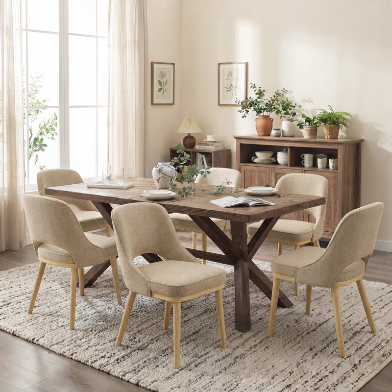 Chenille Upholstered Dining Chair With Solid Wood Legs, 6, Camel