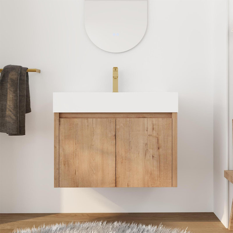 Keven 30'' Single Wall Mounted Bathroom Vanity with Resin Top, Floating Bathroom Vanity with 2 Soft Close Doors, White