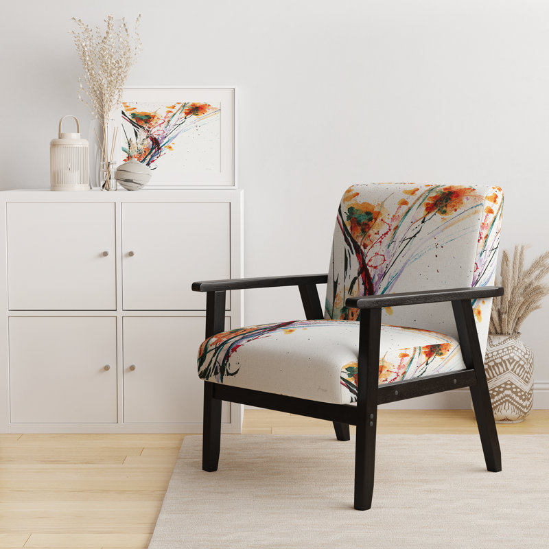 Geidel - Abstract Flowers - Upholstered Traditional Accent Arm Chair, Orange Polyester, Black Square Arms