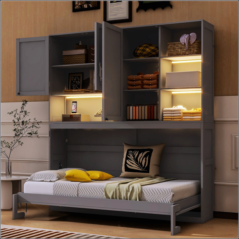 Lit escamotable mural simple avec armoire supérieure