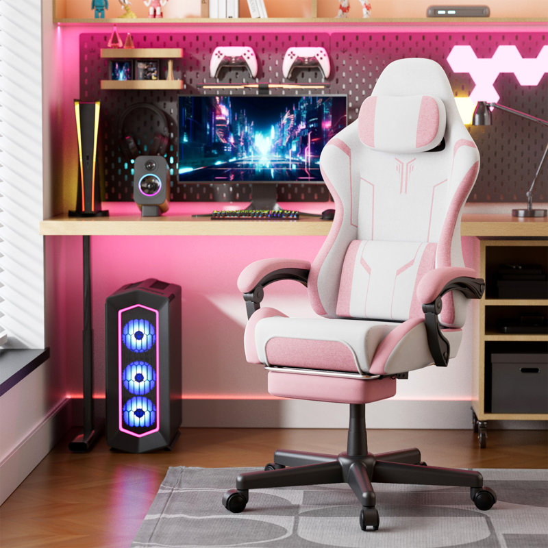 Soontrans Gaming Chair with Footrest High Back Ergonomic Gamer Chair with Headrest and Massage Lumbar Cushion Racing Reclining Video Game Chair for Adults, Pink