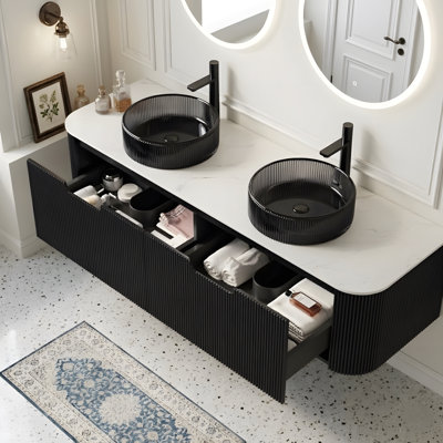 Ensemble de meuble-lavabo 60 po 60 po avec 2 tiroirs, 2 lavabos ronds noirs transparents et un plateau en pierre frittée blanc de Carrare, pré-assemblé, couleur noire