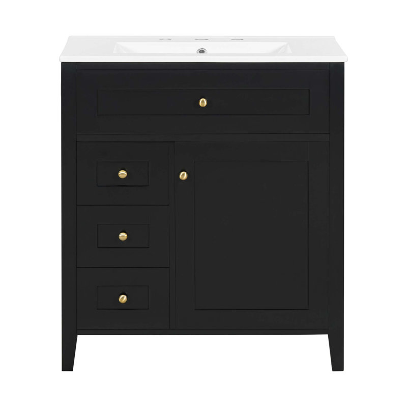 Meuble-lavabo autoportant de 30 pouces avec lavabo, armoire moderne à 3 tiroirs et tablette réglable, Noir