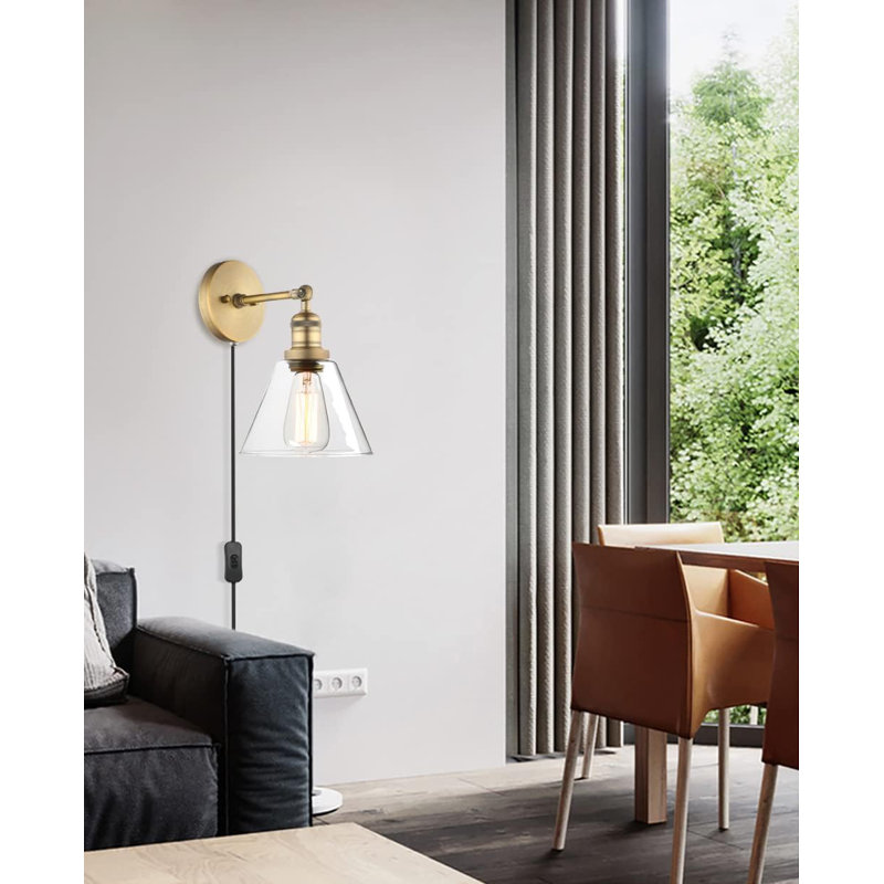 Phansthy Plug-In Wall Sconce Light With Cone Glass Shade, Adjustable Arm, And Swivel Switch For Bathroom Or Living Room