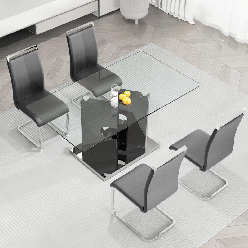 Ensemble de table de salle à manger 63 ", ensemble de table de salle à manger en verre avec pieds à structure ouverte et chaises en similicuir