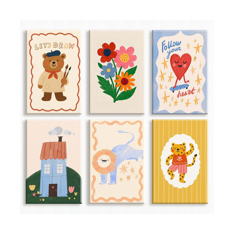 Set Of 6 Nursery Canvas Wall Art, Colorful Flowers And House Poster For Baby Room, Cute Bear Playroom Print, Lion And Tiger Cartoon Painting For Toddler Bedroom Wrapped Canvas