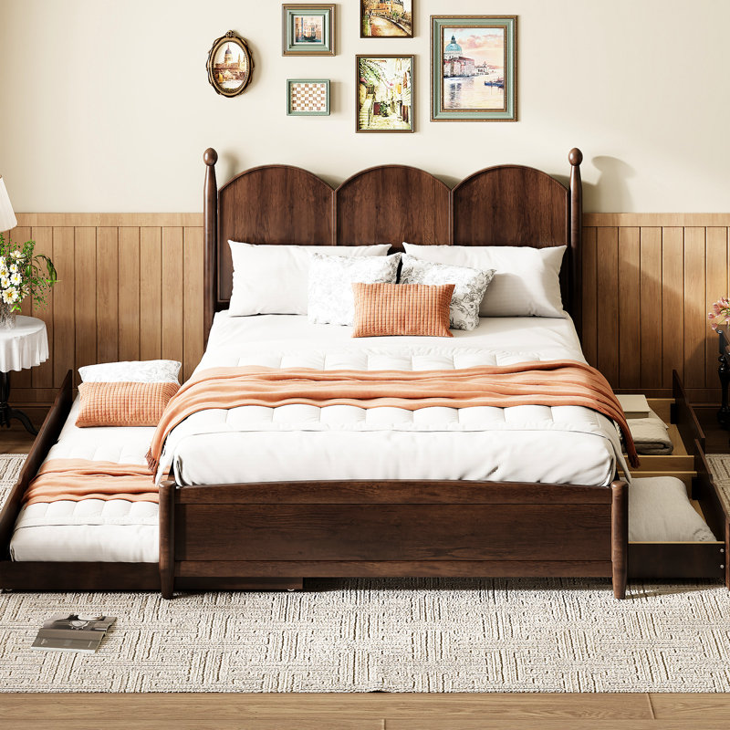 Grand lit plateforme en noyer avec fonction attrayante et lit gigogne simple TG, Noyer