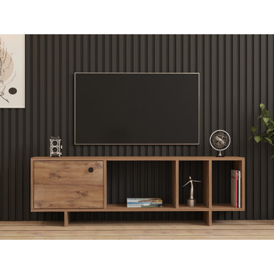 Meuble télé moderne avec option de fixation murale, pin atlantique, 55,1 po x 17,7 po x 11,4 po | 100% panneau de particules enduit de mélamine, épaisseur: 0,7 pouce | Vaste espace de rangement avec de nombreuses tablettes, design élégant et fonctionnel