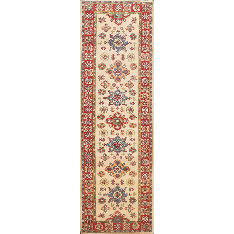 Tapis de couloir beige / vert / bleu / rouge en laine noué à la main de conception unique 2 pi 8 po x 9 pi 10 po