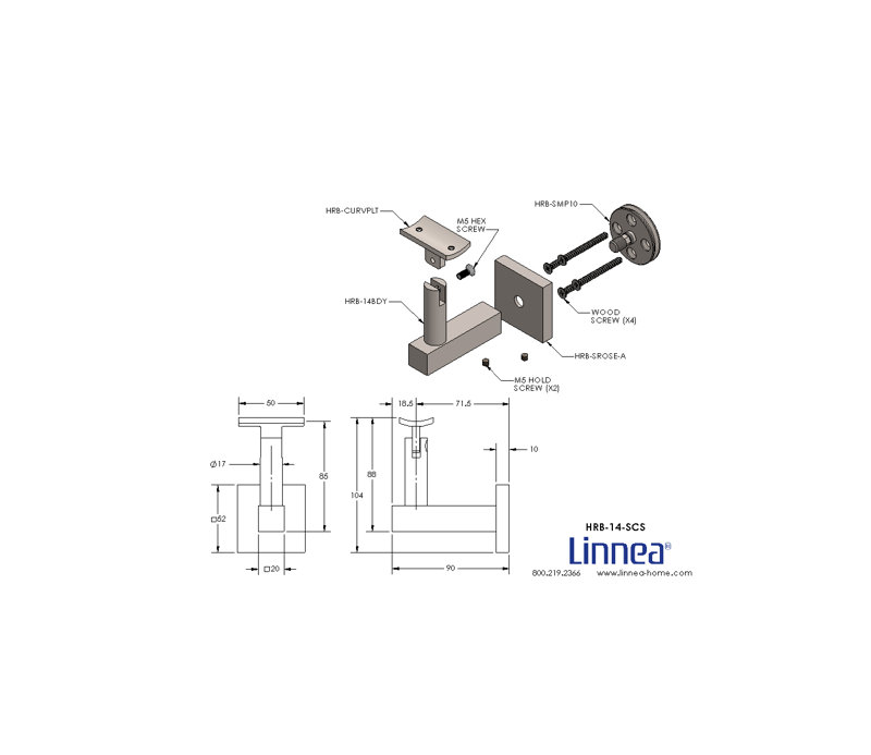 Surface Mount Handrail Bracket with Square Rose and Curved Plate, Satin Stainless Steel