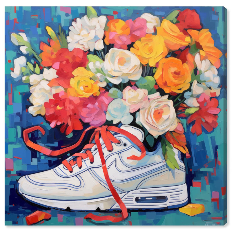 «Whimsical Sneaker with Flowers», art mural , Toile tendue, H 12 po x l 12 po
