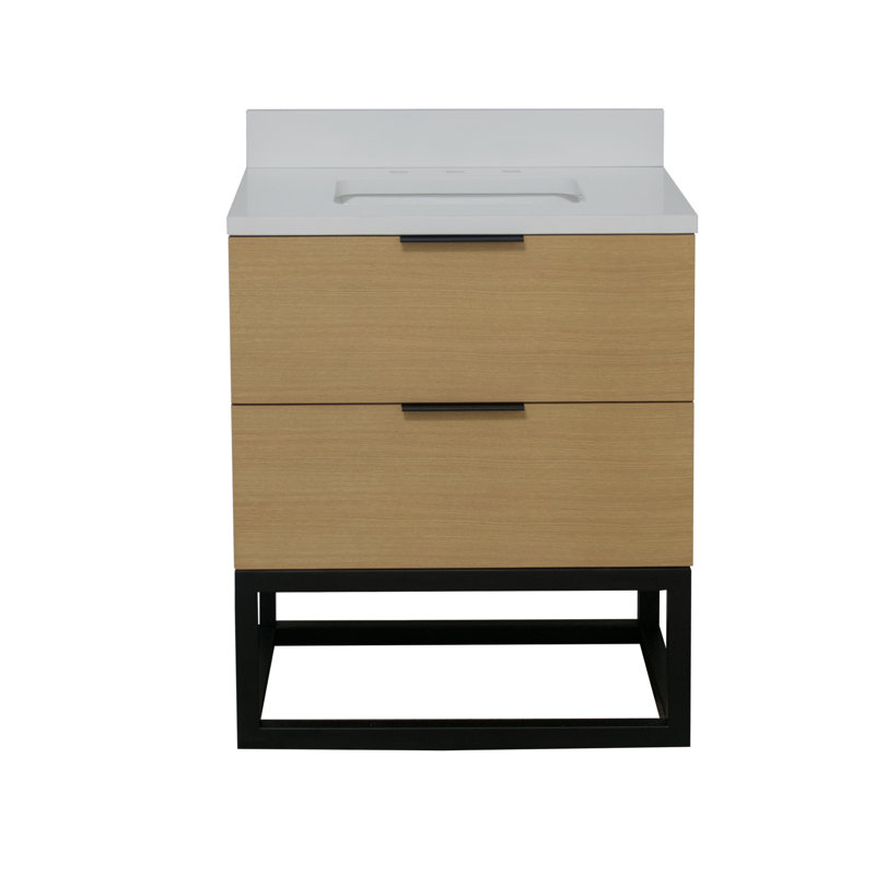 Meuble-lavabo simple avec plateau de meuble-lavabo simple 30 po Chibuzor, Blond, Blanc mat