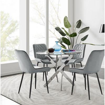 Tierra Modern Metal & Glass Round Dining Table Set with 4 Luxury Velvet Dining Chairs