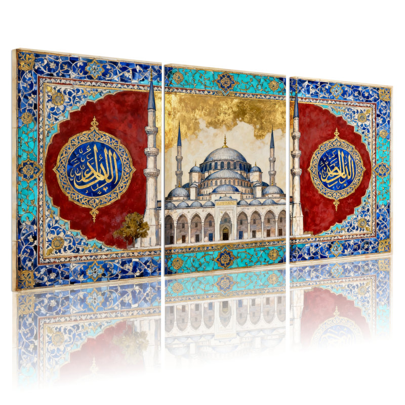 Ensemble de 3 tableaux muraux sur toile à motif de calligraphie islamique représentant une mosquée, H 36 po x l 72 po