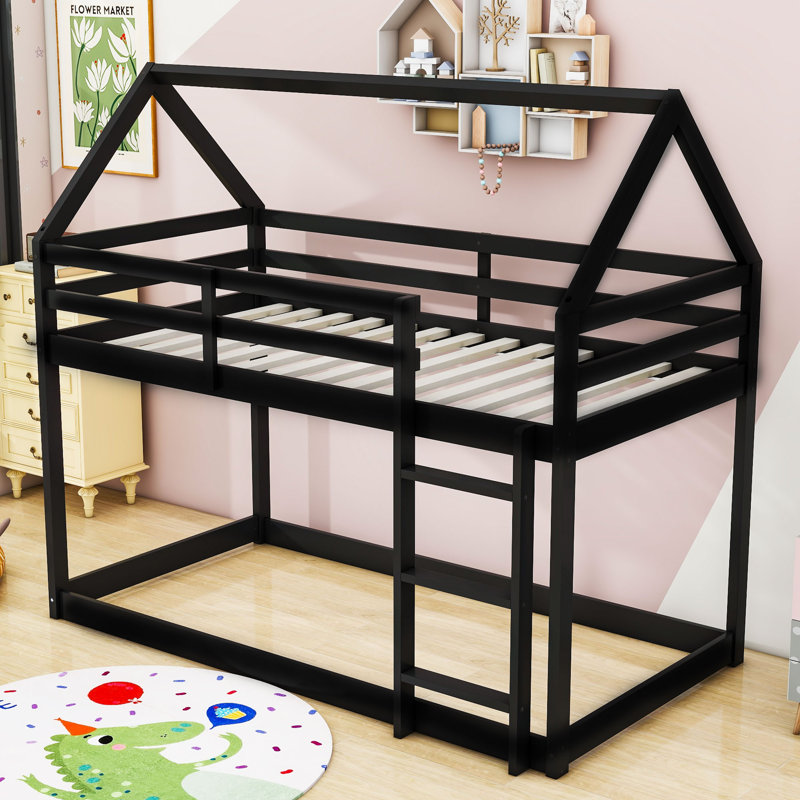 Twin Over Twin Wood Bunk Bed With Ladder, Guardrails And Roof Shaped Design, Black