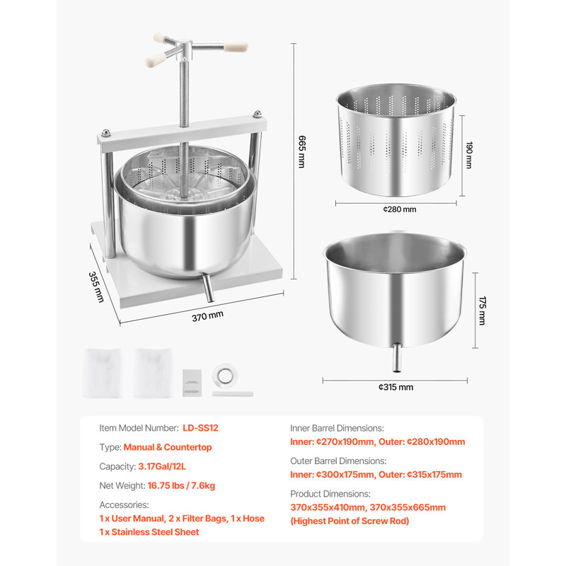 Pressoir à vin à fruits manuel pour la fabrication du vin 3,17 gallons / acier inoxydable 12L