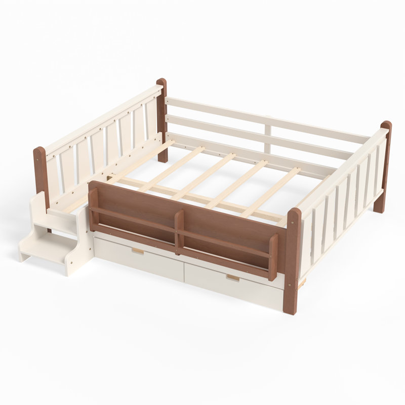 Queen Size Solid Wood Kids Floor Bed with Storage Bookcases, Drawers, Guardrails & Cute Stairs, No Box Spring, Beige, Queen