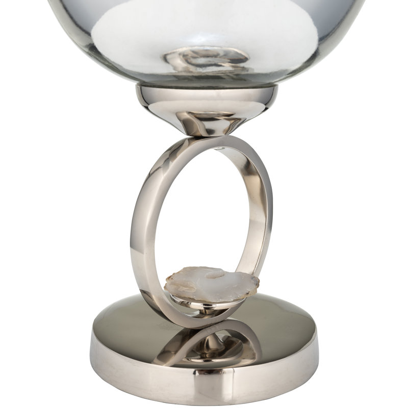 Decorative Glass Vase with Metal Stone and Aluminum Base Featuring Modern Circular Accent Design, 17" H x 6" W x 6" D