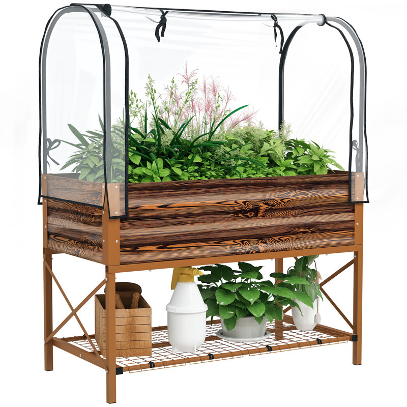 Lit de jardin surélevé en métal avec housse, effet bois brun foncé, Brun